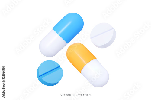 3D Blue and yellow medical pills. Oval capsule shaped tablets. Vitamins and antibiotics for health. Healthcare and medicine. Pharmacy drug. Cartoon icon isolated on white. 3D Vector illustration