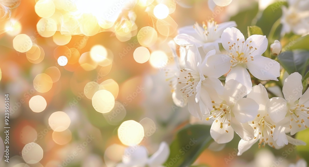 Fototapeta premium Blossoming White Flowers With Soft Background Bokeh in Spring Sunlight