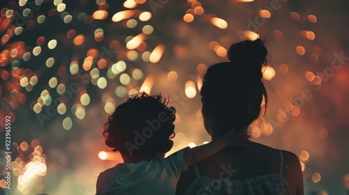 A mother and daughter happily watching a huge firework on a festival day.