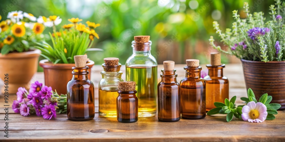 Bottles of Essential Oils Surrounded by Flowers, Essential Oil , Aromatherapy , Natural , Organic Bottles of Essential Oils Surrounded by Flowers, Essential Oil , Aromatherapy , Natural , Organic