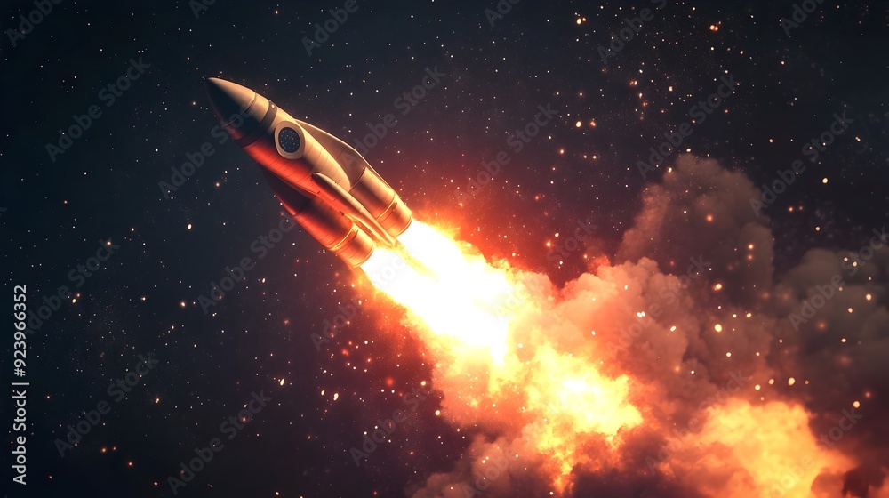 Fototapeta premium Rocket Launching into Vibrant Space with Fiery Explosion and Billowing Smoke