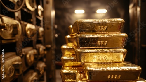 A pile of gold bars is stacked tightly, kept safe in a secure vault.