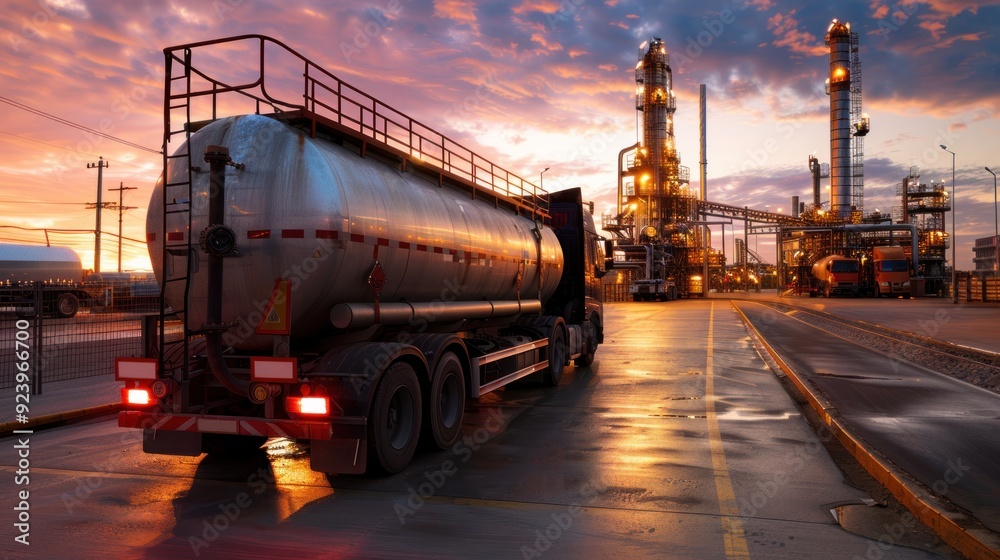 A large oil tanker loaded with crude oil is parked at a distribution point in the evening. A large oil tanker loaded with crude oil is parked at a distribution point in the evening.