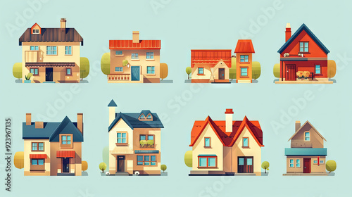 Set of cute residental houses in the neighborhood. Colorful architecture of suburb or village cottages