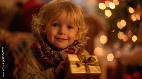 A blond boy in a winter coat holding a gift box happily on the day of the celebration, an important holiday event