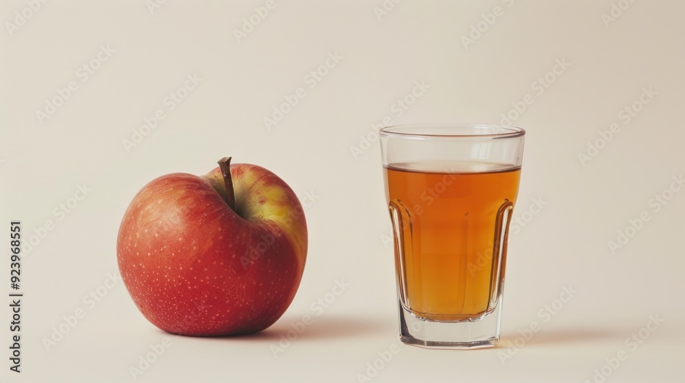 Apple juice placed next to delicious fresh red apple on white background with copy space Apple juice placed next to delicious fresh red apple on white background with copy space