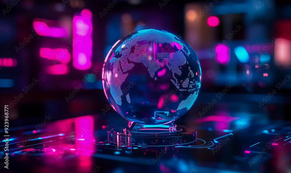 A glass globe with a globe on top of it. The background is a mix of neon colors A glass globe with a globe on top of it. The background is a mix of neon colors