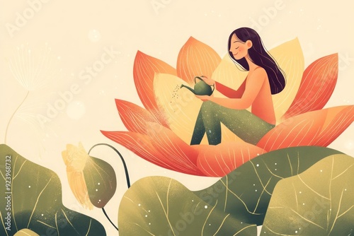 A joyful woman seated in the heart of a giant flower, gently watering it with a smile, essence of self-love and a healthy lifestyle photo