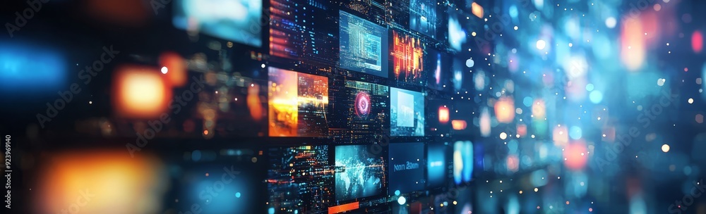 High-resolution digital background featuring colorful screens and abstract light reflections High-resolution digital background featuring colorful screens and abstract light reflections