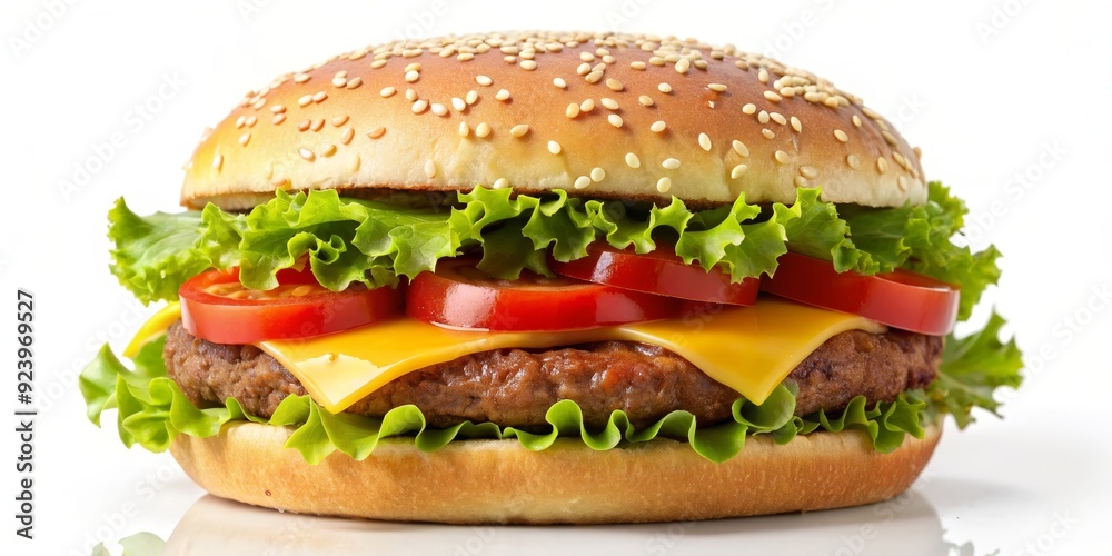Closeup of a Juicy Cheeseburger with Sesame Seed Bun, Lettuce, and Tomato, Food Photography, Burger, Fast Food, Delicious Closeup of a Juicy Cheeseburger with Sesame Seed Bun, Lettuce, and Tomato, Food Photography, Burger, Fast Food, Delicious