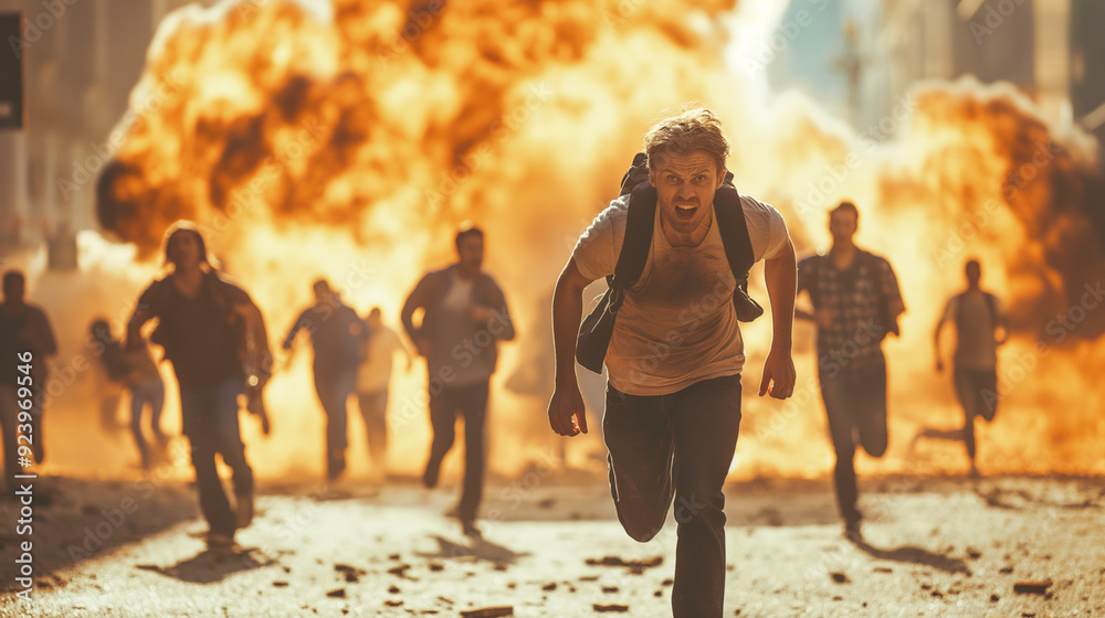 Fototapeta premium Frightened people running from explosion in urban setting. AI generated.
