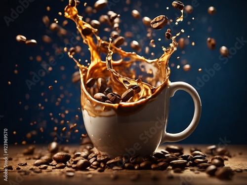 high-speed photography highlights the dynamic and energetic motion, creating a vibrant and artistic image perfect for coffee-related advertising.