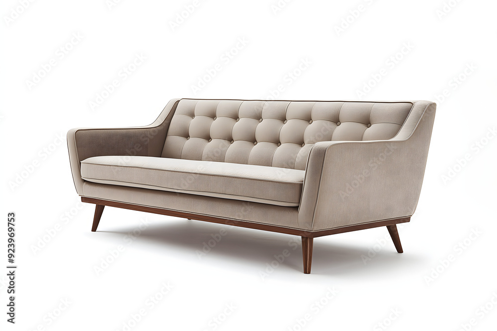 Chic modern sofa with button tufts and angular wooden legs isolated on white background Chic modern sofa with button tufts and angular wooden legs isolated on white background
