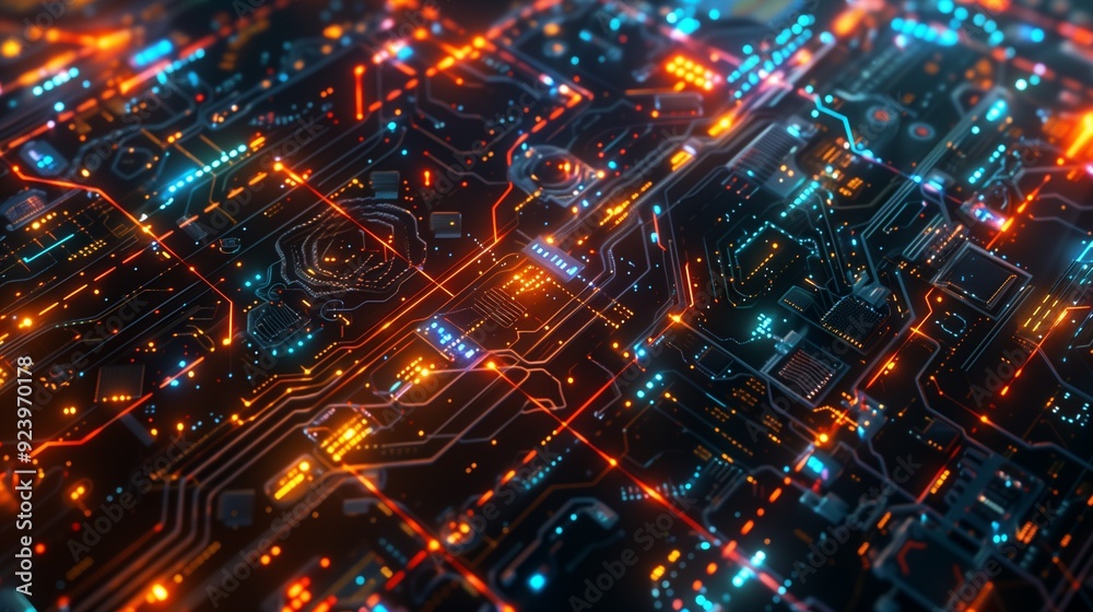 A digital artwork of a complex circuit board A digital artwork of a complex circuit board