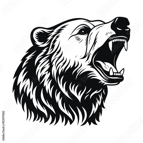 Bear. Roaring bear logo. Bear growing, grinning vector illustration on a white background. A beautiful, exciting, angry grizzly bear.