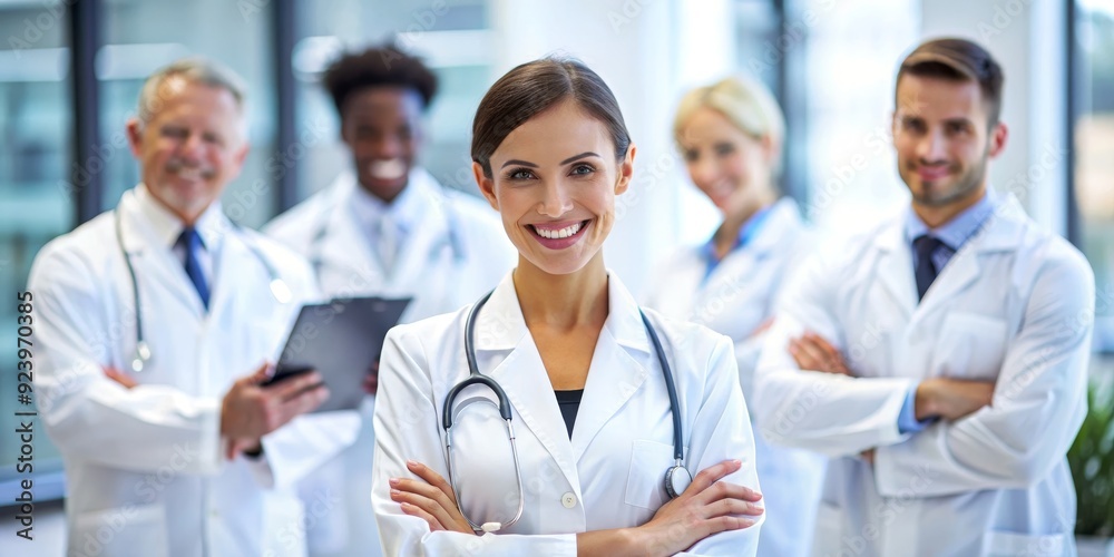 Confident Female Doctor Leading a Team of Healthcare Professionals, Stethoscope, Doctor, Medical, Healthcare Confident Female Doctor Leading a Team of Healthcare Professionals, Stethoscope, Doctor, Medical, Healthcare