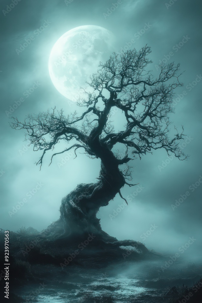 Eerie Silhouette of a Tree Against a Full Moon - A haunting silhouette of a barren tree illuminated by a full moon on a foggy night, creating a mysterious and eerie atmosphere. Eerie Silhouette of a Tree Against a Full Moon - A haunting silhouette of a barren tree illuminated by a full moon on a foggy night, creating a mysterious and eerie atmosphere.