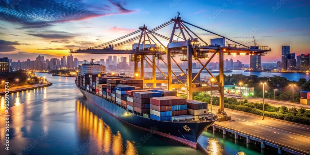 Container Ship at Sunset, A panoramic view of a container ship docked in a harbor at sunset, with cranes and city lights reflecting in the water. , shipping, container, harbor , sunset Container Ship at Sunset, A panoramic view of a container ship docked in a harbor at sunset, with cranes and city lights reflecting in the water. , shipping, container, harbor , sunset