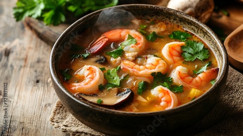 Steaming Bowl of Thai Tom Yum Soup with Shrimp Mushrooms and Fresh Herbs