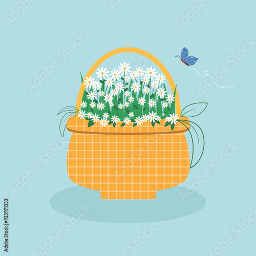 Cute basket straw with flowers garden