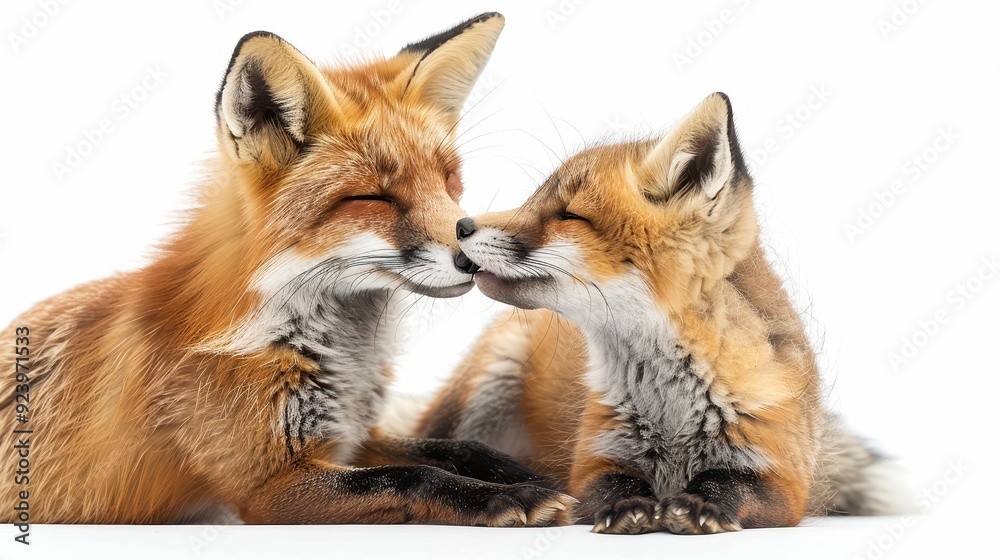 Fototapeta premium Beautiful Bond Between Mother and Baby Fox | Loving Foxes Playing Together on White Background