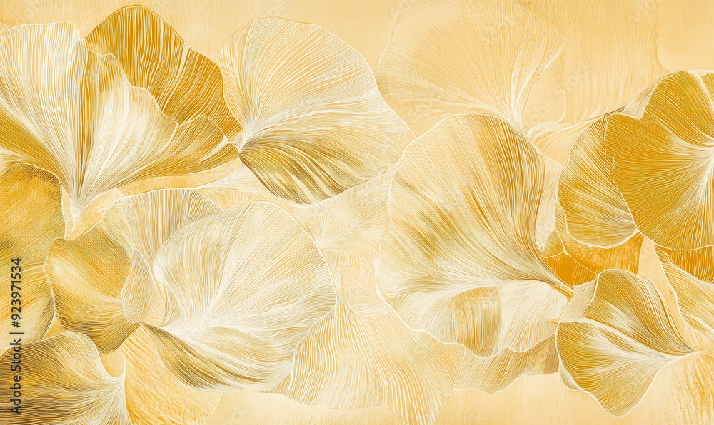 A painting of flowers with gold and white colors. The flowers are drawn in a way that they look like they are made of lines. The painting has a serene and calming mood A painting of flowers with gold and white colors. The flowers are drawn in a way that they look like they are made of lines. The painting has a serene and calming mood