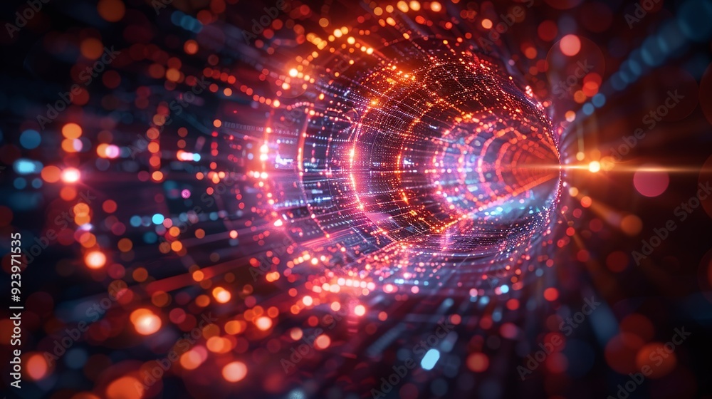 Fototapeta premium Teleportation and tunneling physics concept showcasing advanced quantum mechanics ideas, including particle movement through barriers and instant information transfer. high resolution Illustration,