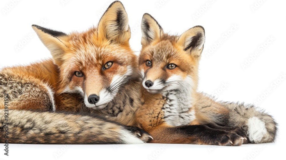 Fototapeta premium Playful Mother and Baby Fox Showing Affection on White Background