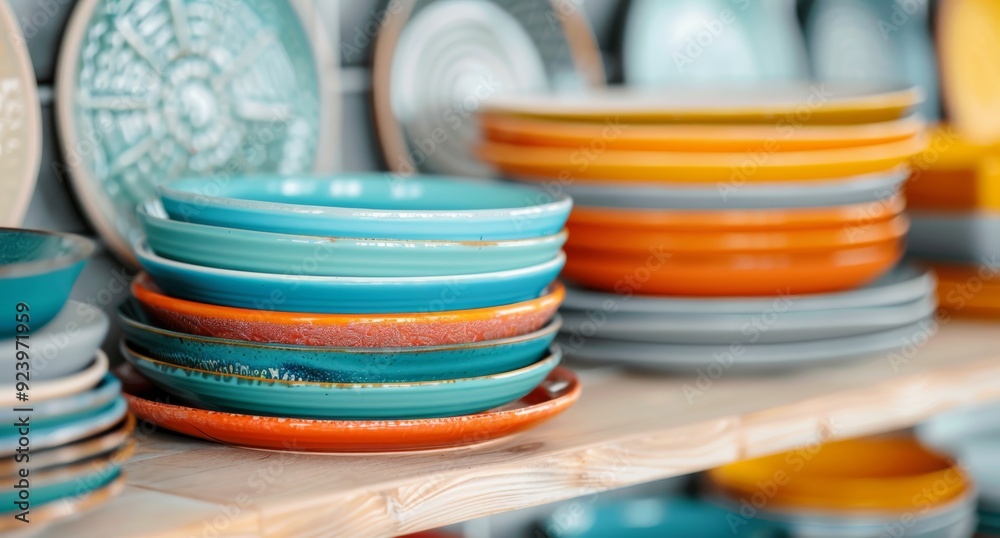 Colorful Stacked Plates Displayed in a Rustic Kitchen Colorful Stacked Plates Displayed in a Rustic Kitchen