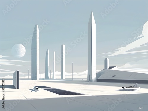 Minimalist Futuristic Spaceport with Sleek Geometric Launch Pads and Shuttlecraft