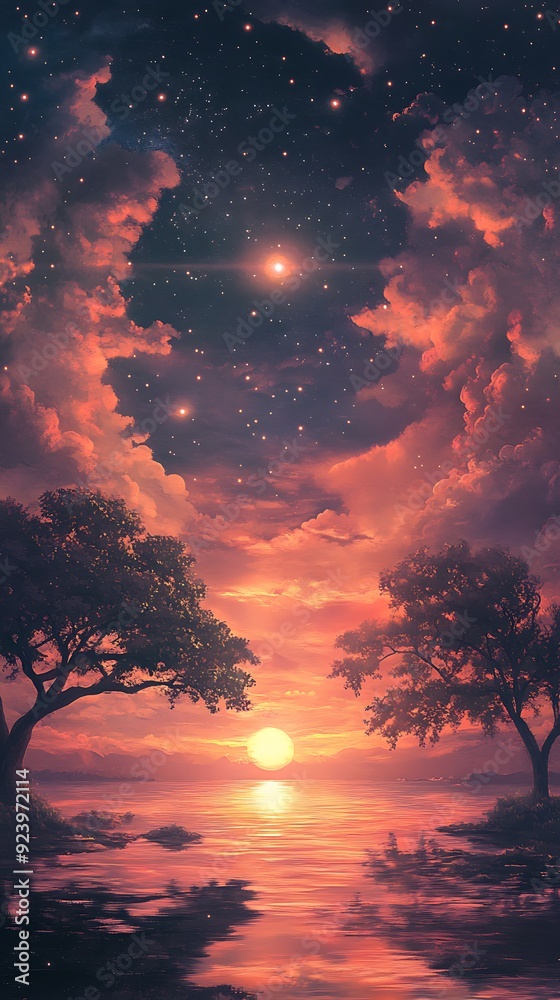 Sunset and Stars Reflecting on a Serene Lake