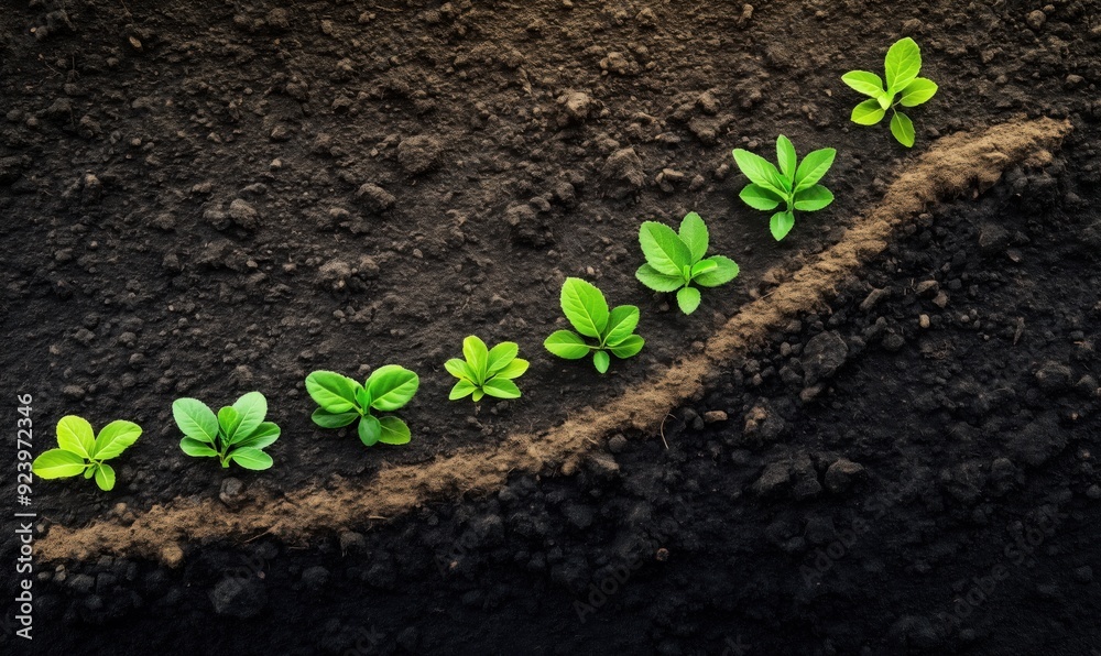 A row of small green plants growing in the dirt. The plants are in various stages of growth, with some still small and others larger. Concept of growth and development A row of small green plants growing in the dirt. The plants are in various stages of growth, with some still small and others larger. Concept of growth and development