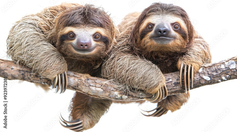 Fototapeta premium Slow-Paced Companionship: Pair of Sloths Hanging Together in Unity on White Background.