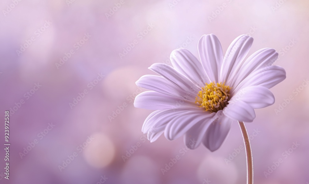 Fototapeta premium A single white flower with a yellow center is the main focus of the image. The flower is surrounded by a blurry background, which gives the impression of a dreamy, ethereal atmosphere