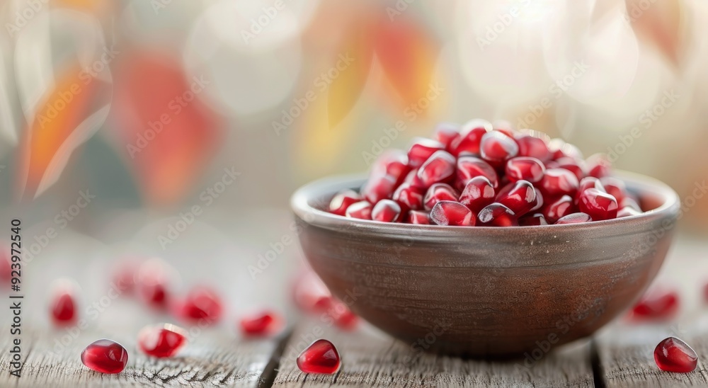 Fresh Pomegranates in a Bowl on a Rustic Wooden Table With Glowing Background Fresh Pomegranates in a Bowl on a Rustic Wooden Table With Glowing Background