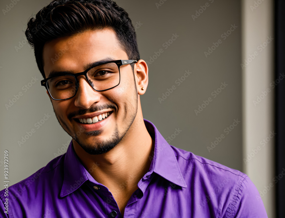 Smiling Young Man in Glasses Wearing Purple Shirt Posing Indoors in Modern Setting Smiling Young Man in Glasses Wearing Purple Shirt Posing Indoors in Modern Setting