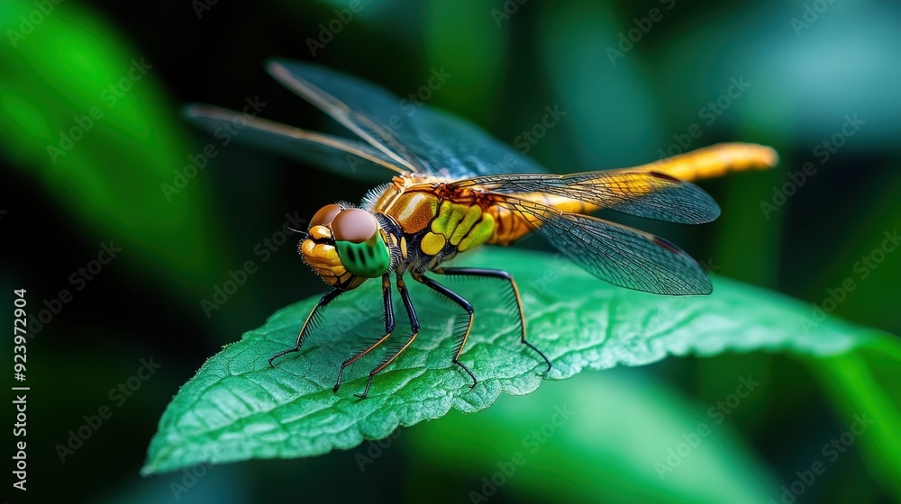 A golden dragonfly with intricate wings and vivid colors is perched on a lush green leaf, showcasing the beauty and precision of nature's delicate creations in the outdoor setting. A golden dragonfly with intricate wings and vivid colors is perched on a lush green leaf, showcasing the beauty and precision of nature's delicate creations in the outdoor setting.