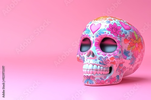 Cute sugar skull with colorful floral patterns on a pink backdrop