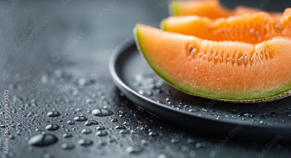Fresh Juicy Melon Slices With Dewdrops on a Black Surface Fresh Juicy Melon Slices With Dewdrops on a Black Surface