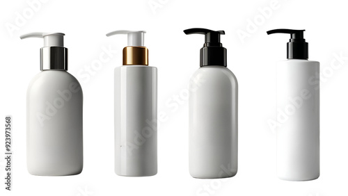 Set of four white blank cosmetic bottles for shampoo, cleanser, handwasher, lotion, cream isolated on transparent background