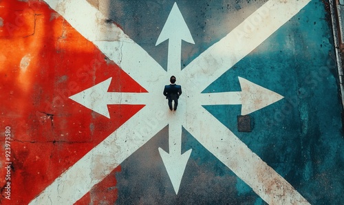 A man stands in the middle of a crosswalk with four arrows pointing in different directions. Concept of uncertainty and indecision, as the man is faced with multiple choices