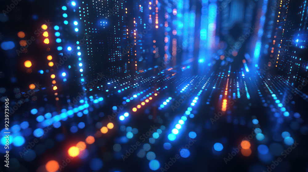 Luminous particles glowing in ultraviolet light and bokeh lights an abstract and captivating composition, data transfer a high-tech environment. Technology visualization and science concept