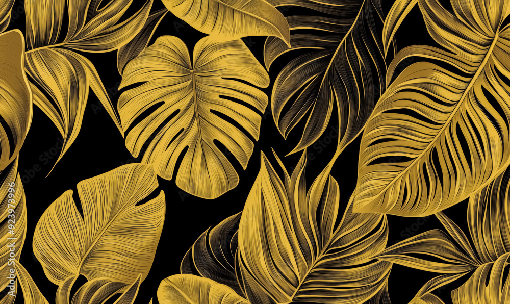 A black and gold leafy plant with a gold leafy background. The leaves are drawn in a very detailed and intricate style A black and gold leafy plant with a gold leafy background. The leaves are drawn in a very detailed and intricate style