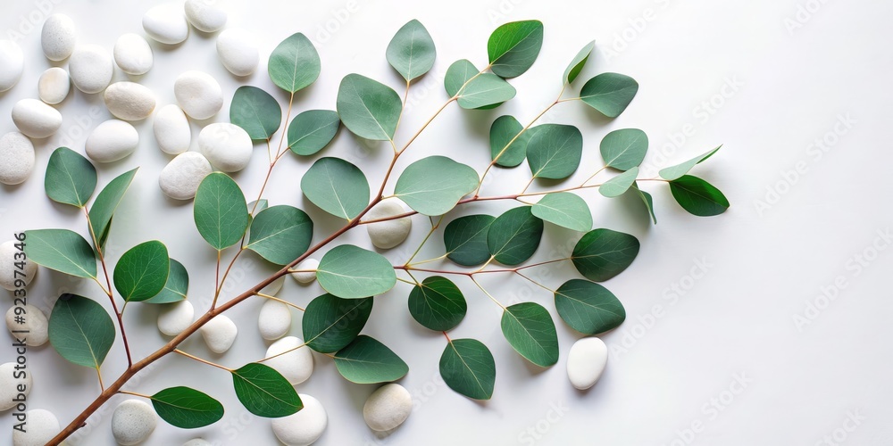 Eucalyptus Branch and White Stones on a White Background, Eucalyptus, Green, Stones, Natural , , Eucalyptus Branch and White Stones on a White Background, Eucalyptus, Green, Stones, Natural , ,