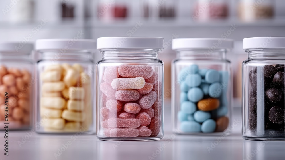 Glass jars filled with different colored tablets and capsules, neatly arranged on a shelf, creating a visually appealing display of medication storage. Glass jars filled with different colored tablets and capsules, neatly arranged on a shelf, creating a visually appealing display of medication storage.