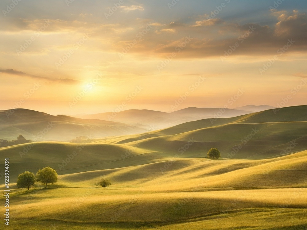 The soft evening light creates a tranquil and idyllic rural landscape, emphasizing the natural beauty of the countryside. The soft evening light creates a tranquil and idyllic rural landscape, emphasizing the natural beauty of the countryside.