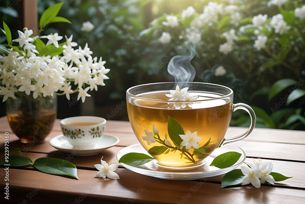 Steaming cup of jasmine tea with delicate flowers floating on the surface, set on a wooden table in a serene garden with lush green plants Steaming cup of jasmine tea with delicate flowers floating on the surface, set on a wooden table in a serene garden with lush green plants