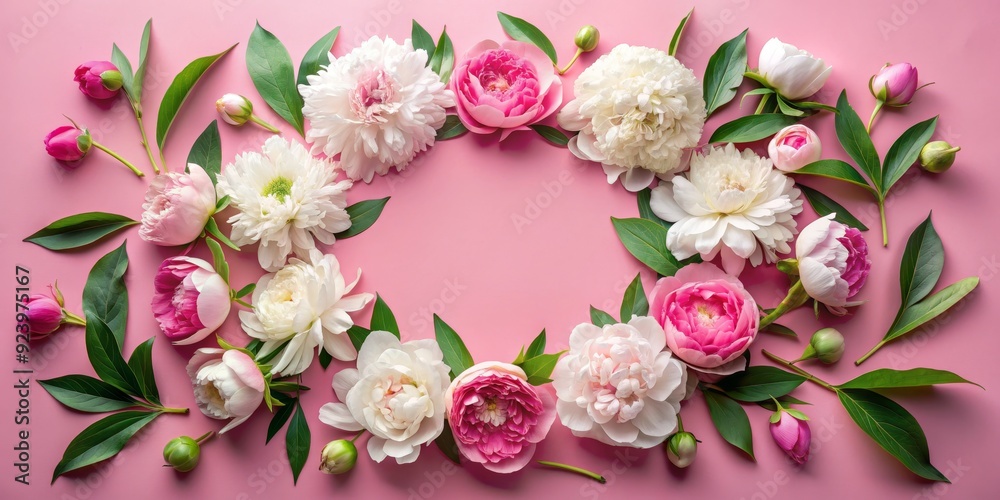 Floral Circle of Pink and White Peonies with Green Leaves on a Pink Background, peony, floral, wreath, spring Floral Circle of Pink and White Peonies with Green Leaves on a Pink Background, peony, floral, wreath, spring