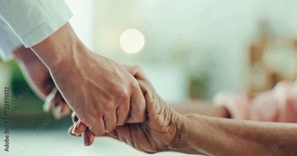Nurse, senior woman and holding hands for support, empathy and hope after cancer. Caregiver, elderly patient and comfort closeup for kindness, medical help and trust, healthcare and rehabilitation
