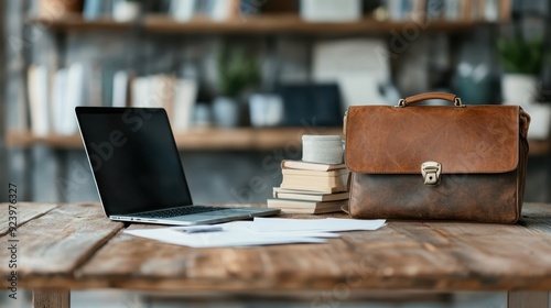 A rustic wooden desk featuring a laptop, scattered papers, a few books stacked with a coffee mug on top, and a vintage leather briefcase in a cozy room with shelves. photo